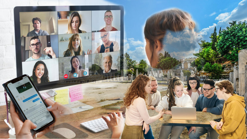 Virtuelle Agora - erzeugt in Photoshop anhand der Pools von freepik, Pexels und Pixabay